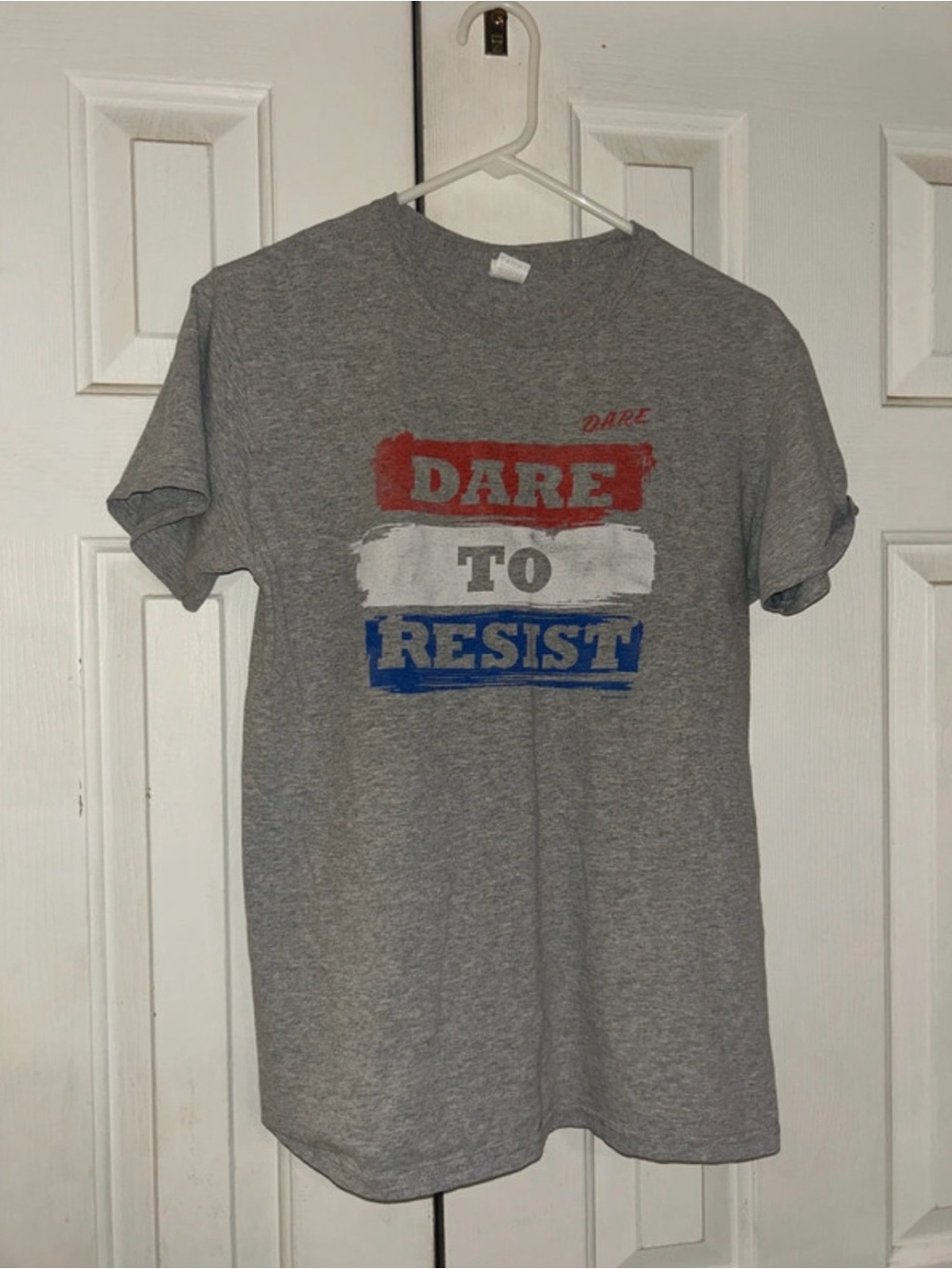 Fruit of the Loom Grey Tee with Red, White & Blue 'Dare to Resist' Graphic